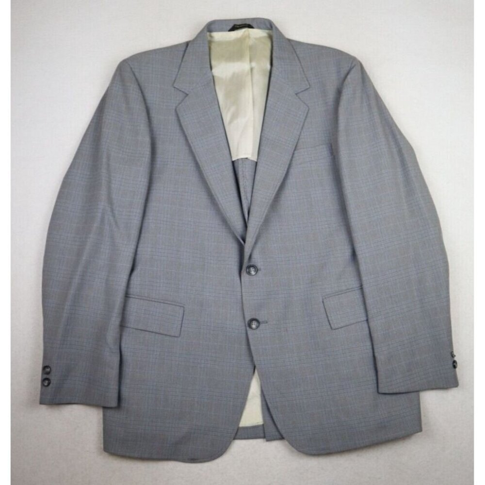 VINTAGE MEN'S GRAY PLAID BLAZER JACKET SPORT COAT - VAN CORT - 44R